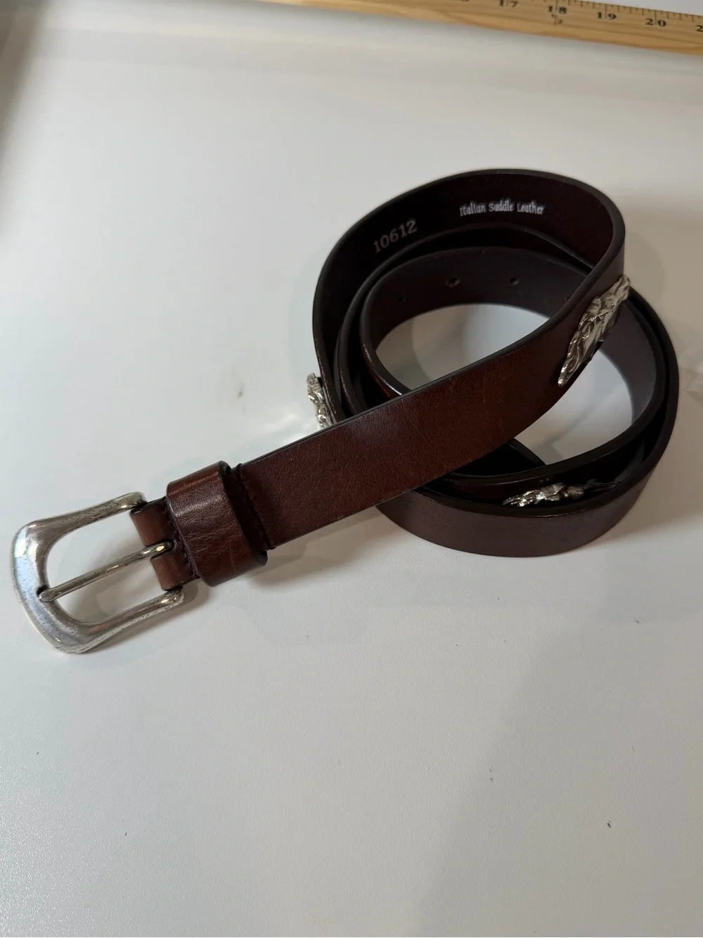 Duck Head Size 42 Dark Brown Italian Saddle Leather Belt with Silver Horses